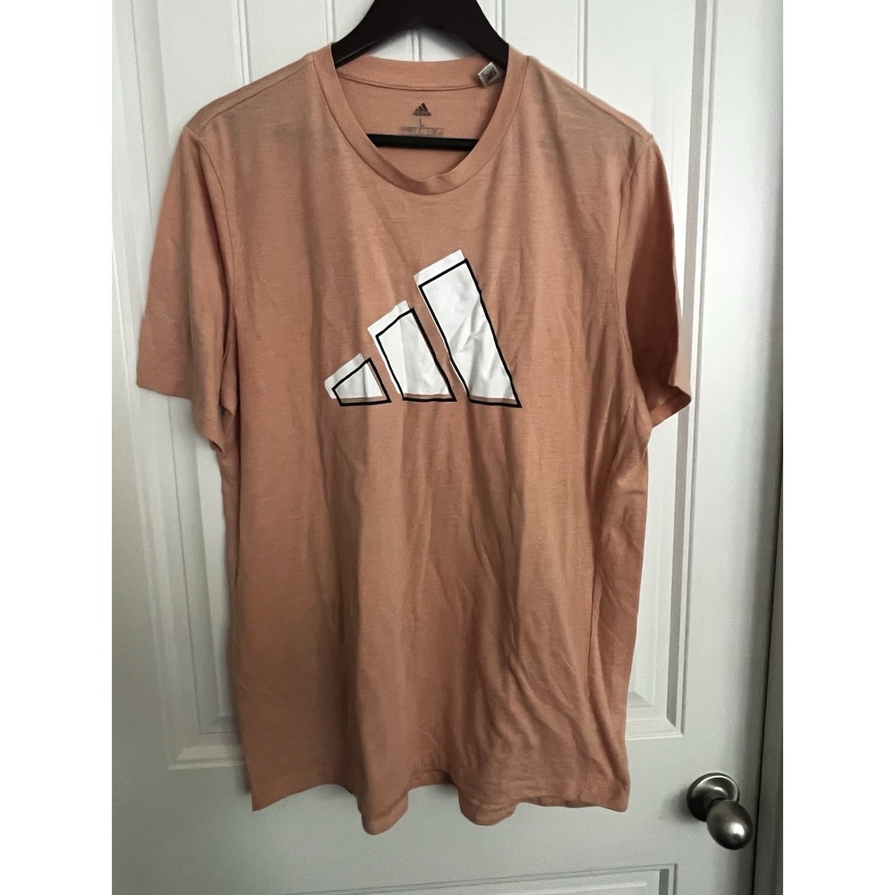adidas Peach 3 Stripes Logo Graphic Print Crew Neck Short Sleeve Tee Large 638